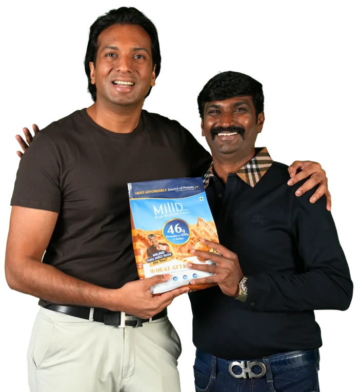 MillD founders holding MillD High Protein Atta, showcasing their vision to make high-protein nutrition affordable for every Indian family