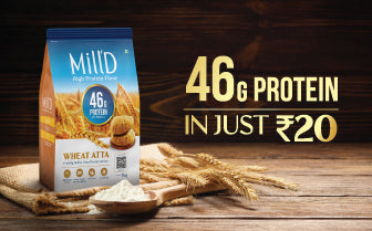 A pack of Milld high-protein atta shown with rotis and wheat grains, highlighting that it offers 46 grams of protein for just ₹20