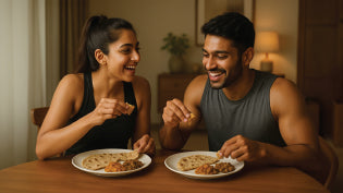 A couple enjoying a meal together, eating rotis made with Milld high-protein atta, highlighting its 100% natural ingredients and the same softness and taste