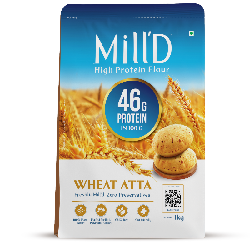 Milld High Protein Flour pack showing 46g protein per 100g, made from wheat with zero preservatives, suitable for rotis, parathas, and baking