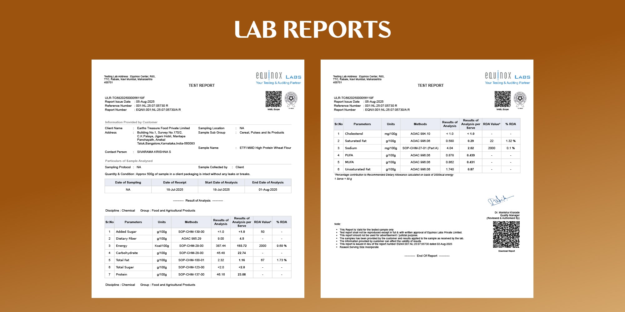MillD high-protein atta lab reports from Equinox Labs showing certified nutritional analysis, including protein content, fats, sodium, and other parameters for MillD high-protein wheat flour