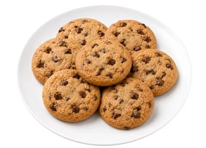 A pile of chocolate chip cookies made with Milld high protein atta on a white plate against a white background.